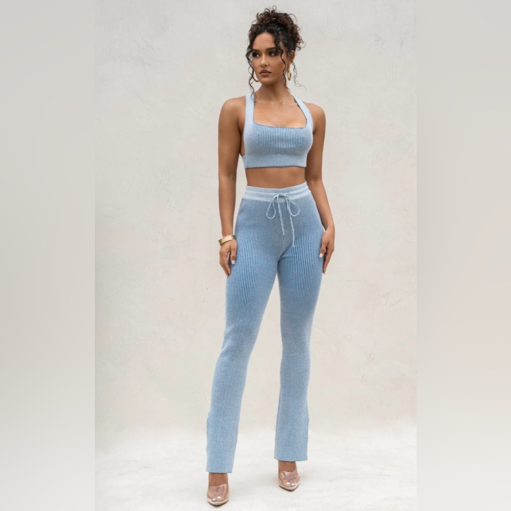Denim / White Ribbed Top and Pant Set